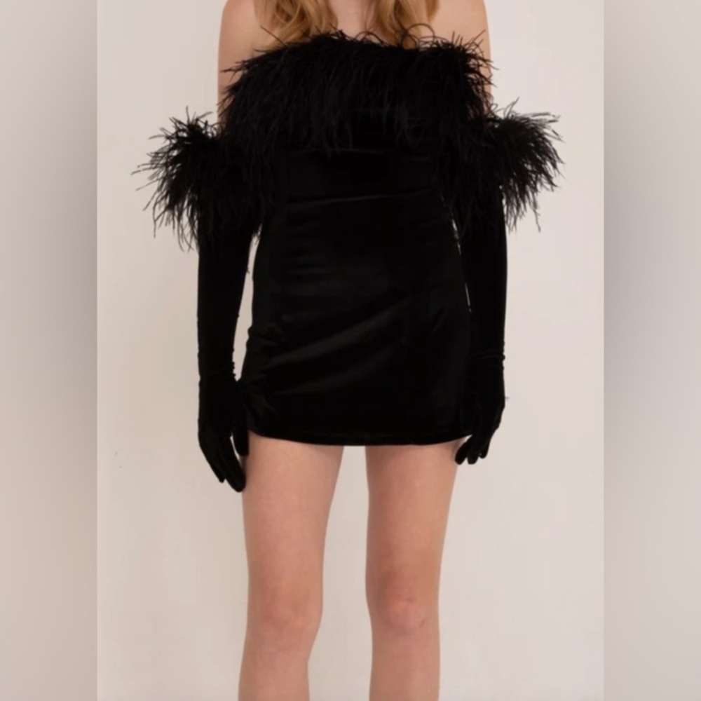 BRAND NEW WITH TAGS BARDOT VELVET FEATHER TRIM DRESS WITH GLOVES CAN BE TAILORED